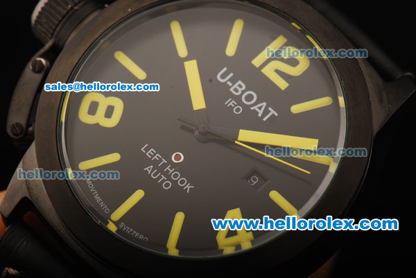 U-Boat Italo Fontana Left Hook Automatic Movement PVD Case with Black Dial and Yellow Markers - Black Leather Strap - Click Image to Close